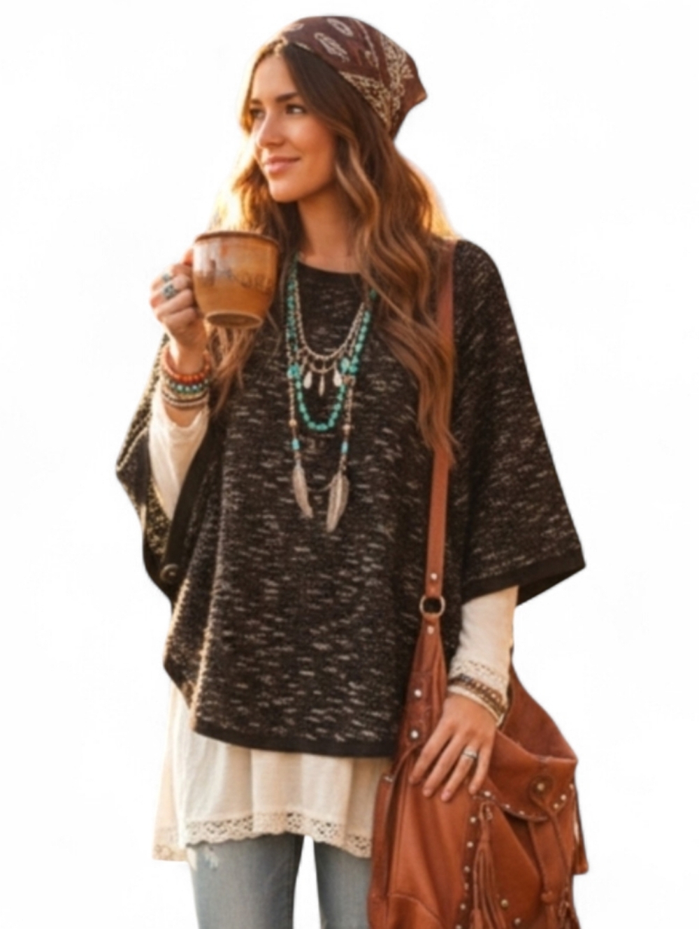 Textured Tweed Button-Side Poncho Top | Boho Layering Cape Sweater One Size Cozy